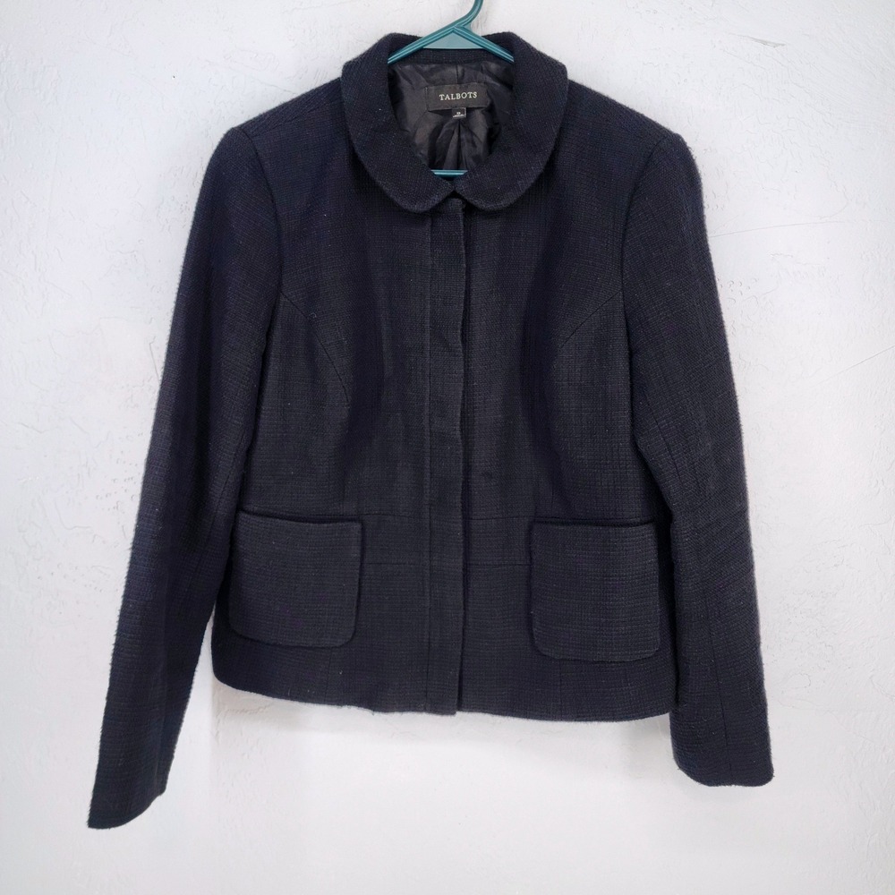 Talbots 12 | Black Cotton Textured Full Zip Front Peter Pan Collar Jacket Blazer